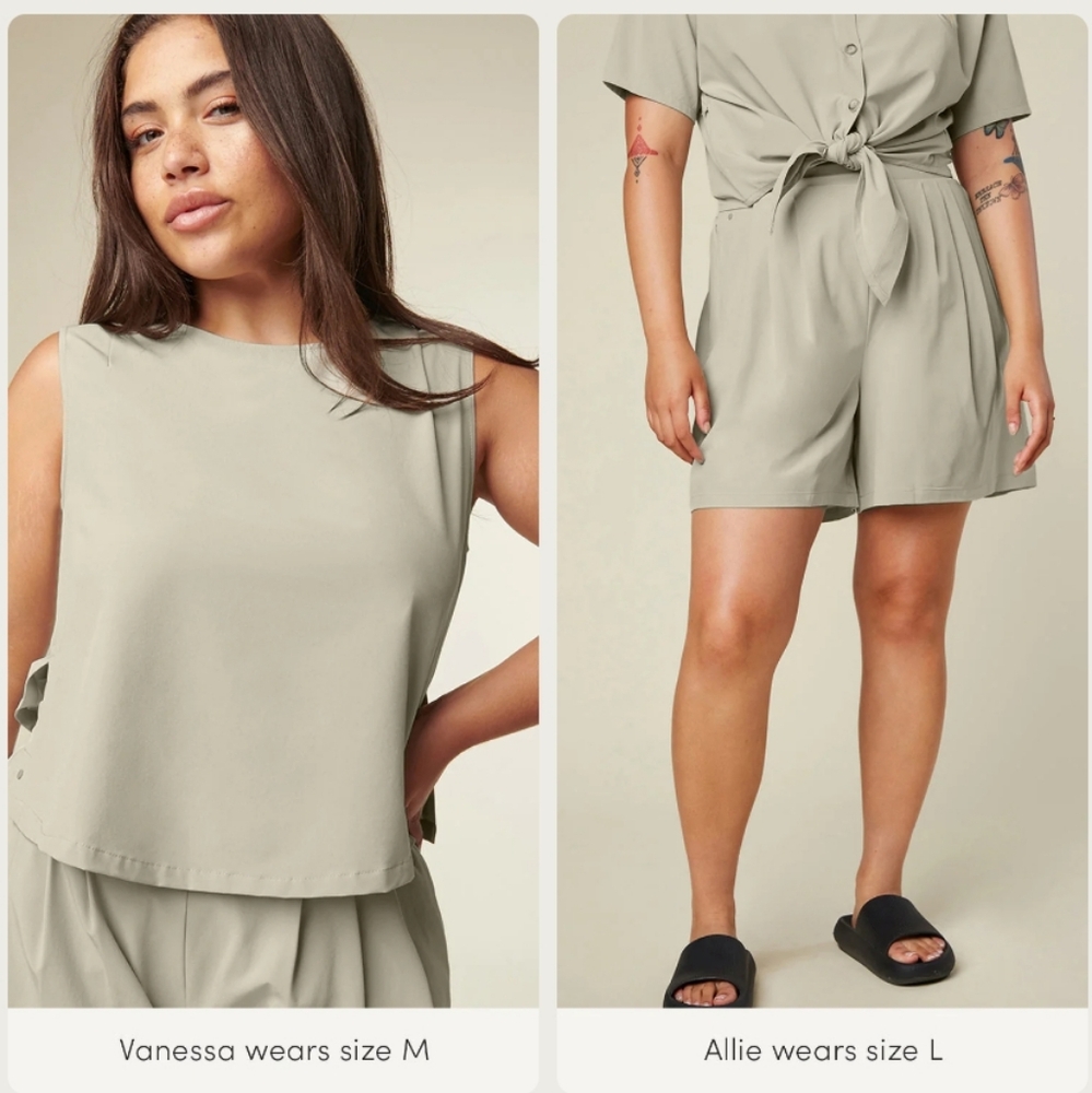 SET Wayre Travel Pocket Bermuda Flow Short & Boxy Shift & Snap Tank Sage M/L